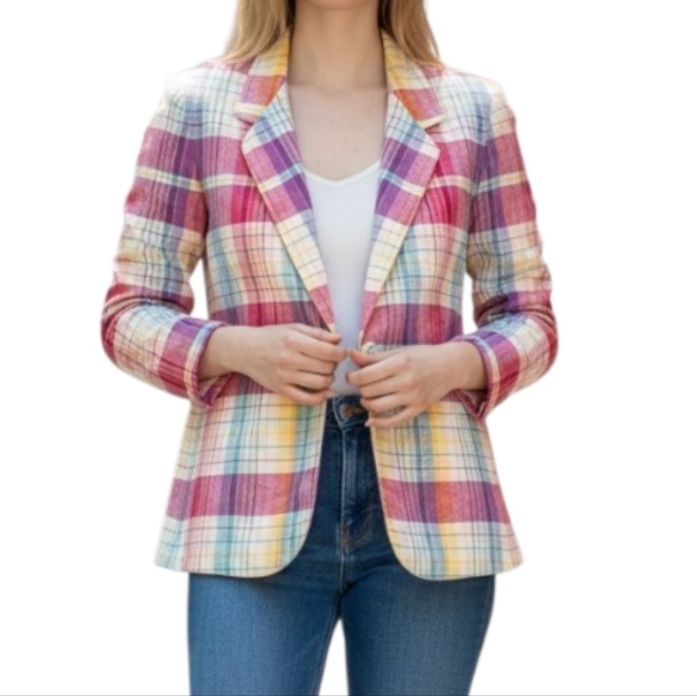 Vintage Bobbis Closet Pink Plaid Linen Blend Blazer